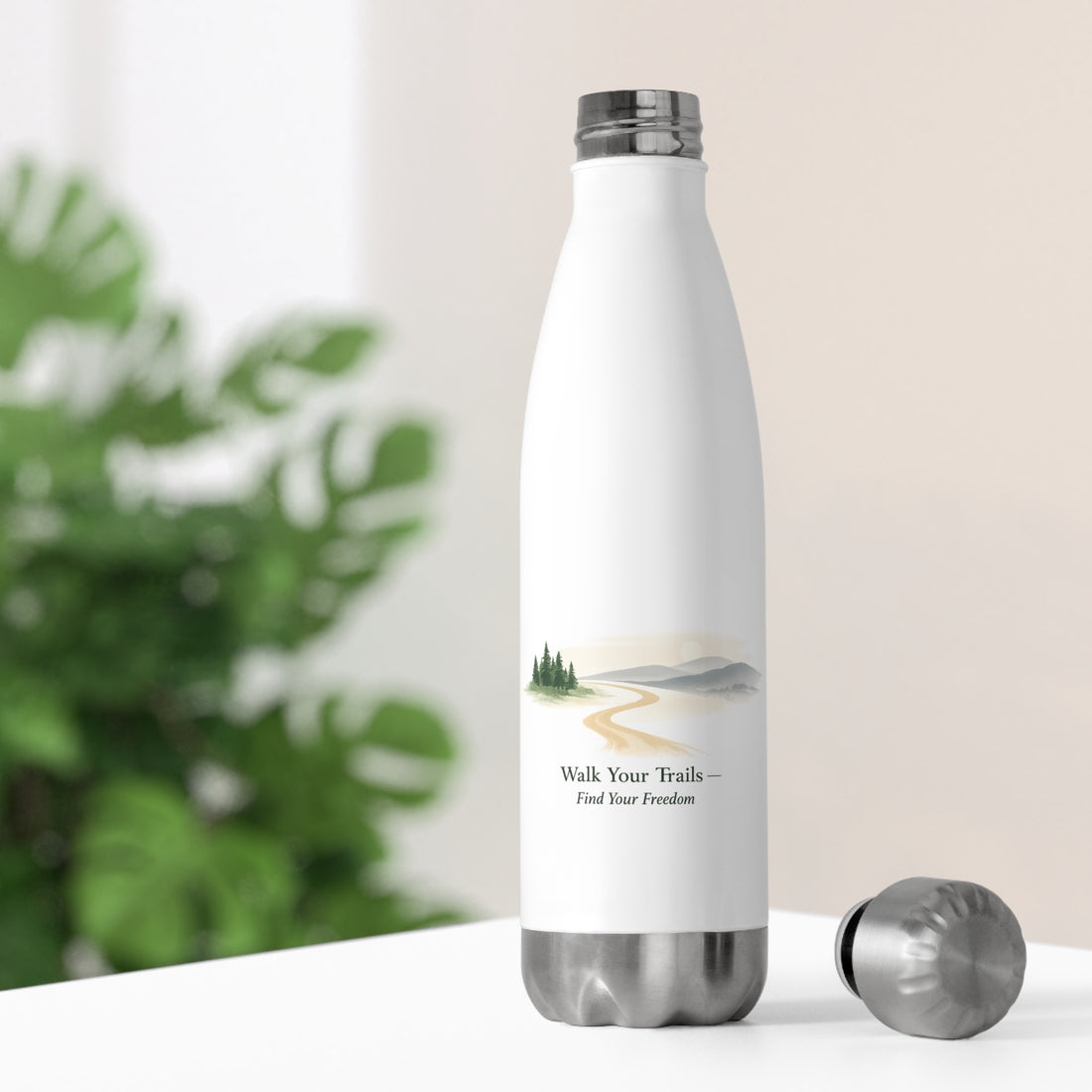 20oz Insulated Water Bottle, White insulated bottle with a design and text on a light background