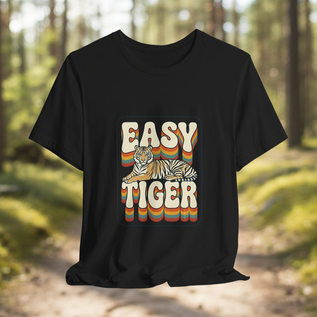 Easy Tiger Retro Tiger Graphic Tee, Black t-shirt with a cute character design on a white background