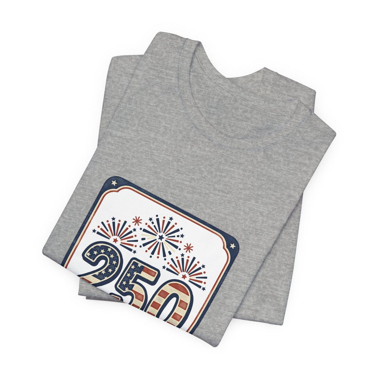 America’s Independence Tee, Gray t-shirt with a 25th anniversary design featuring fireworks on a white background