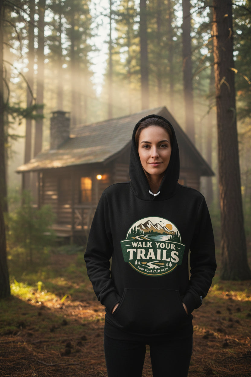 Unisex Outdoor Lifestyle Hoodie Walk Your Trails, Black hoodie with &