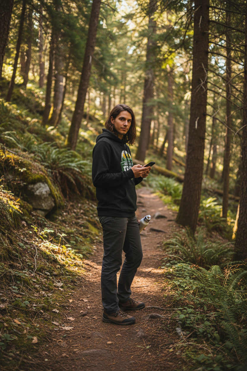 Unisex Outdoor Lifestyle Hoodie Walk Your Trails, Black hoodie with a logo on the sleeve against a white background