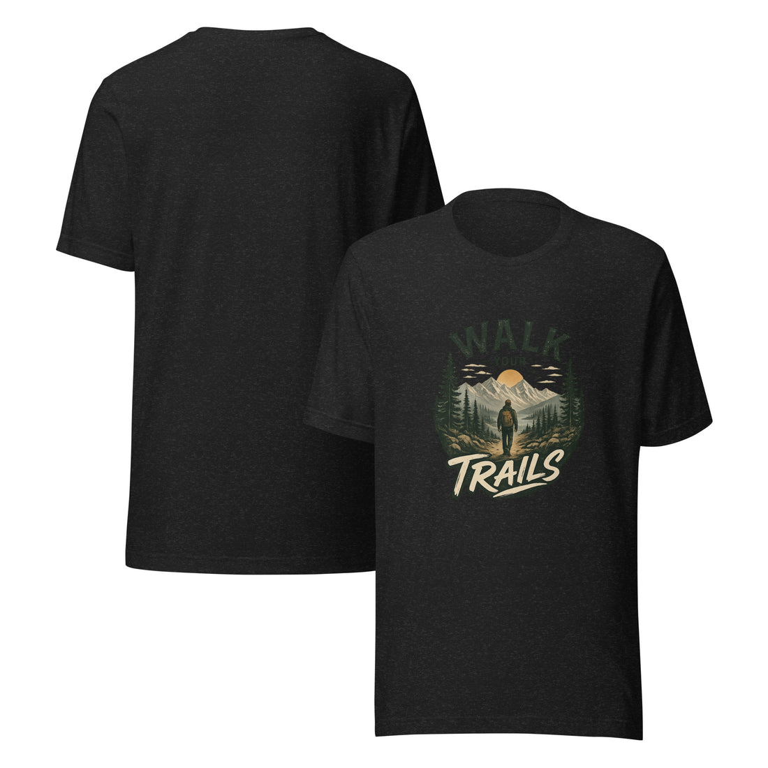 Walk Your Trails Comfort Tee Black t-shirt with a graphic design of a car on the front and text on the back, displayed on a white background.