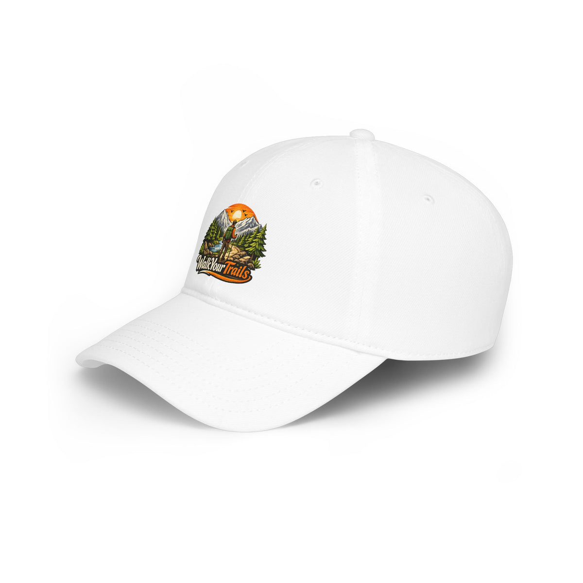 Low Profile Baseball Cap, White cap with a logo on a white background