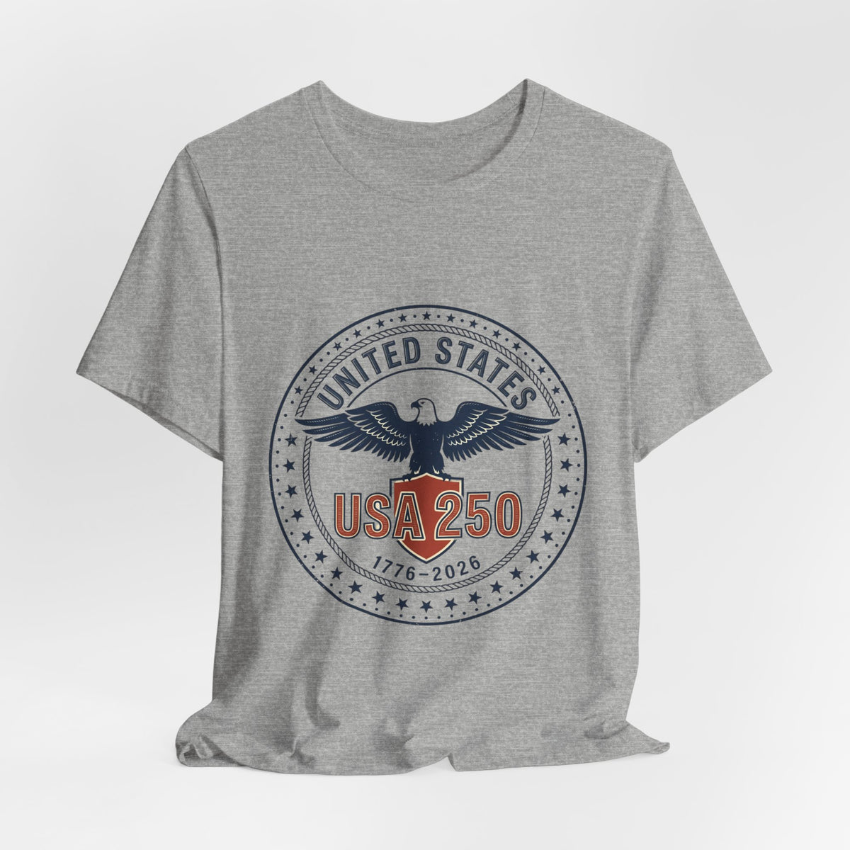 USA 250 Eagle Emblem T-Shirt, Gray t-shirt with USA 250 eagle design on a white background