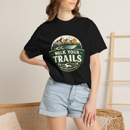Unisex Garment Dyed T-Shirt, Person wearing a black t-shirt with &