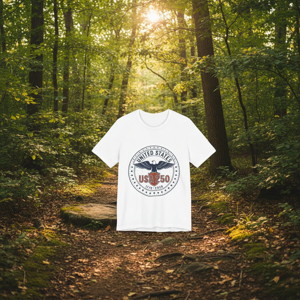 USA 250 Eagle Emblem T-Shirt, White t-shirt with USA 250 eagle graphic on a white background