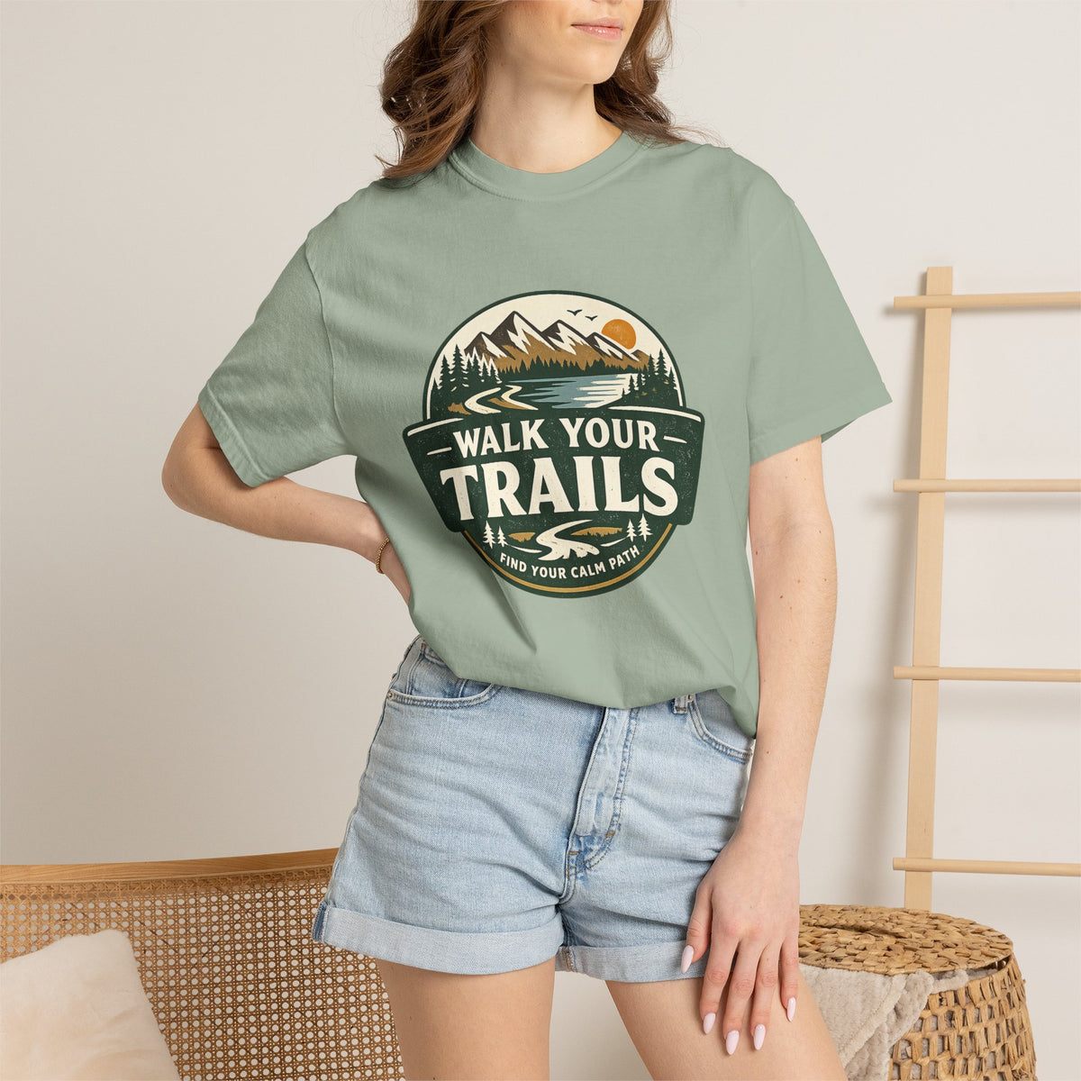 Unisex Garment Dyed T-Shirt, Person wearing a green t-shirt with &