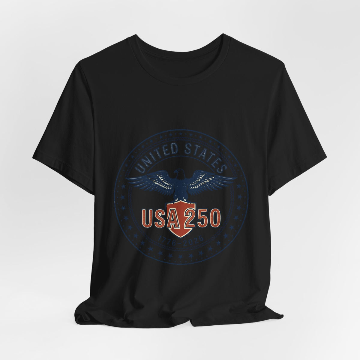 USA 250 Eagle Emblem T-Shirt, Black t-shirt with a circular logo and text on a white background