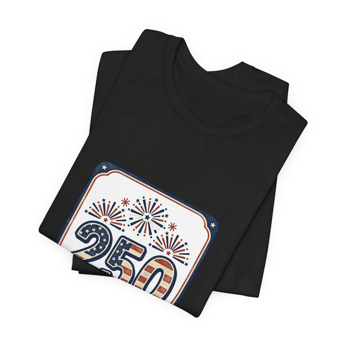 America’s Independence Tee, Black t-shirt with a 25th anniversary design featuring fireworks on a white background