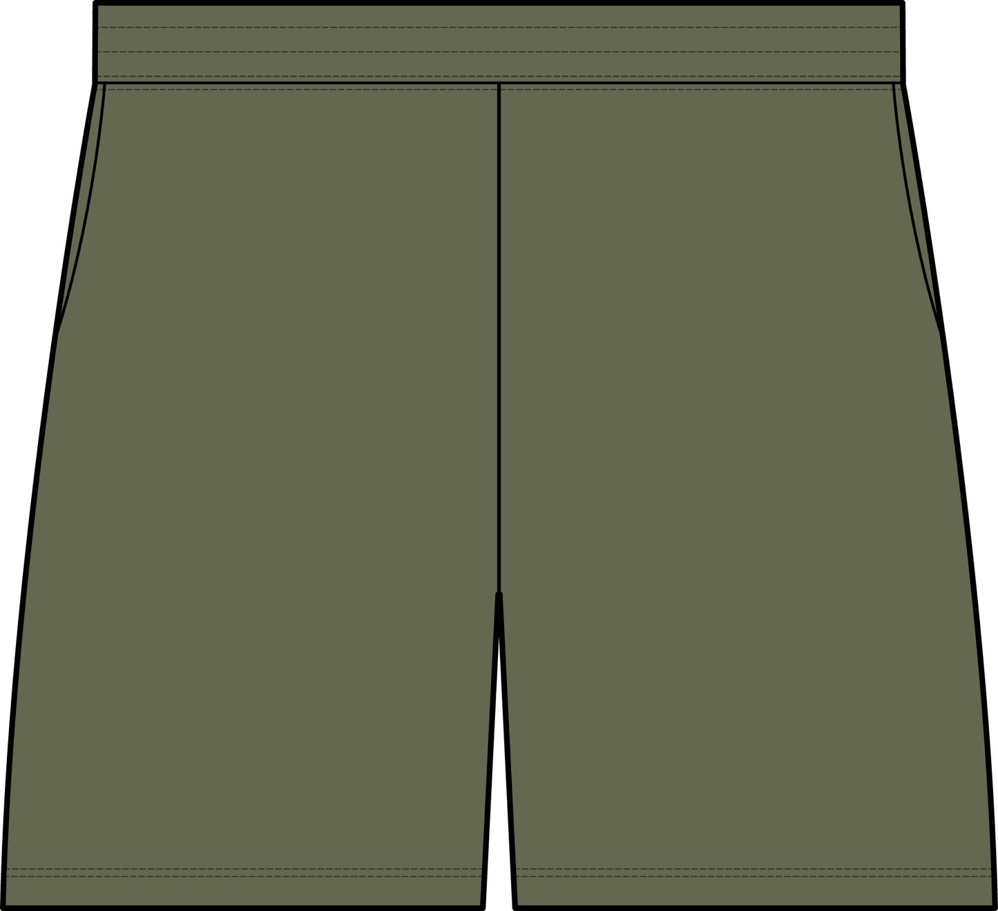 A flat vector-style illustration of a pair of shorts in olive green, showing the front view with a center seam and side seams on a white background.