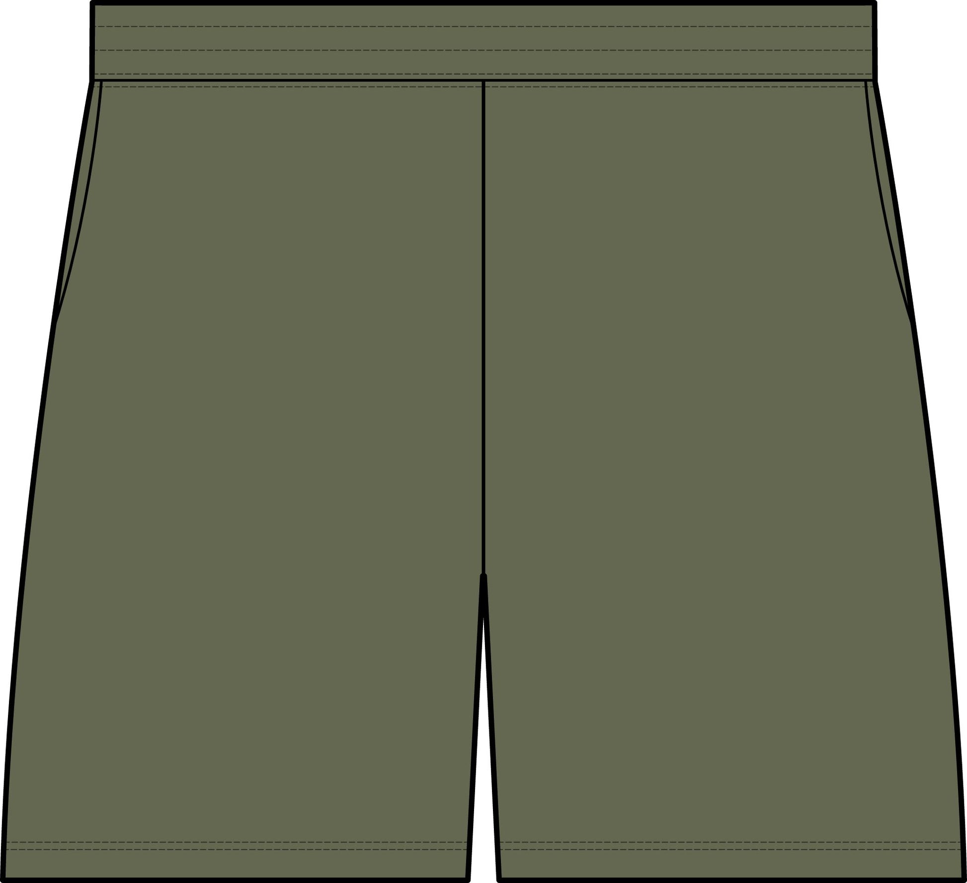 A flat vector-style illustration of a pair of shorts in olive green, showing the front view with a center seam and side seams on a white background.