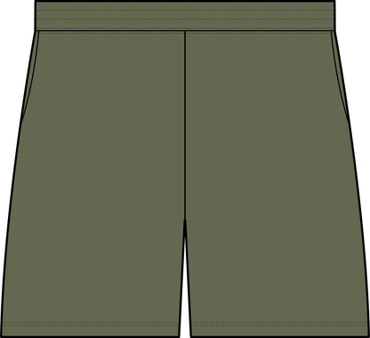 A flat vector-style illustration of a pair of shorts in olive green, showing the front view with a center seam and side seams on a white background.