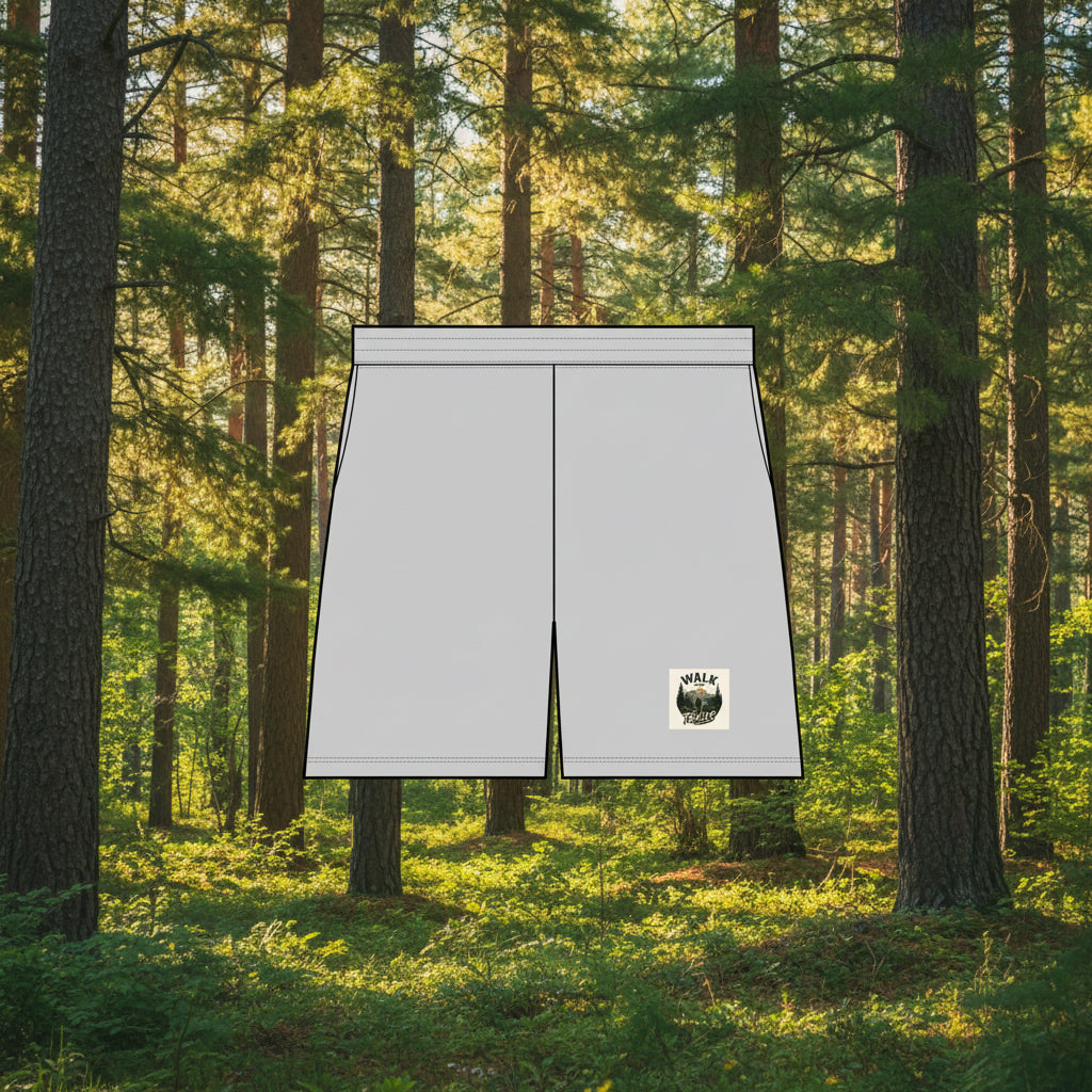 Light gray athletic shorts with a black outline, featuring a small 'WALK TRAILS' graphic patch on the lower left leg.