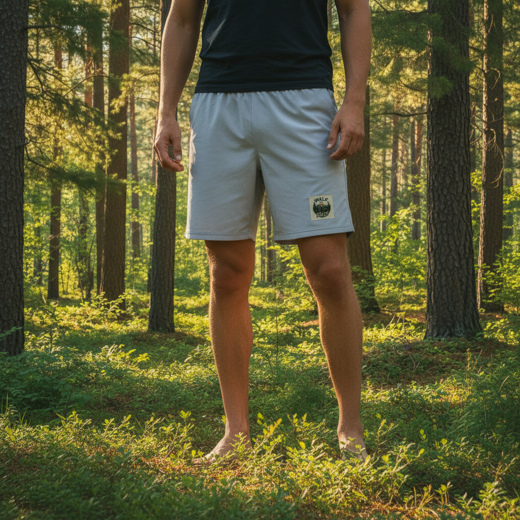 'Walk Trails' Outdoor Gym Shorts: Light gray athletic shorts with a black outline, featuring a small 'WALK TRAILS' graphic patch on the lower left leg.