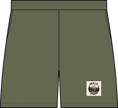 Olive green athletic shorts with a small square 'WALK TRAILS' logo patch on the lower left leg, shown against a plain white background.