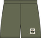 Olive green athletic shorts with a small square 'WALK TRAILS' logo patch on the lower left leg, shown against a plain white background.