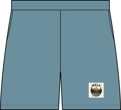A flat vector-style illustration of a pair of shorts in blue showing the front view with a center seam and side seams on a white background.