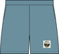 A flat vector-style illustration of a pair of shorts in blue showing the front view with a center seam and side seams on a white background.