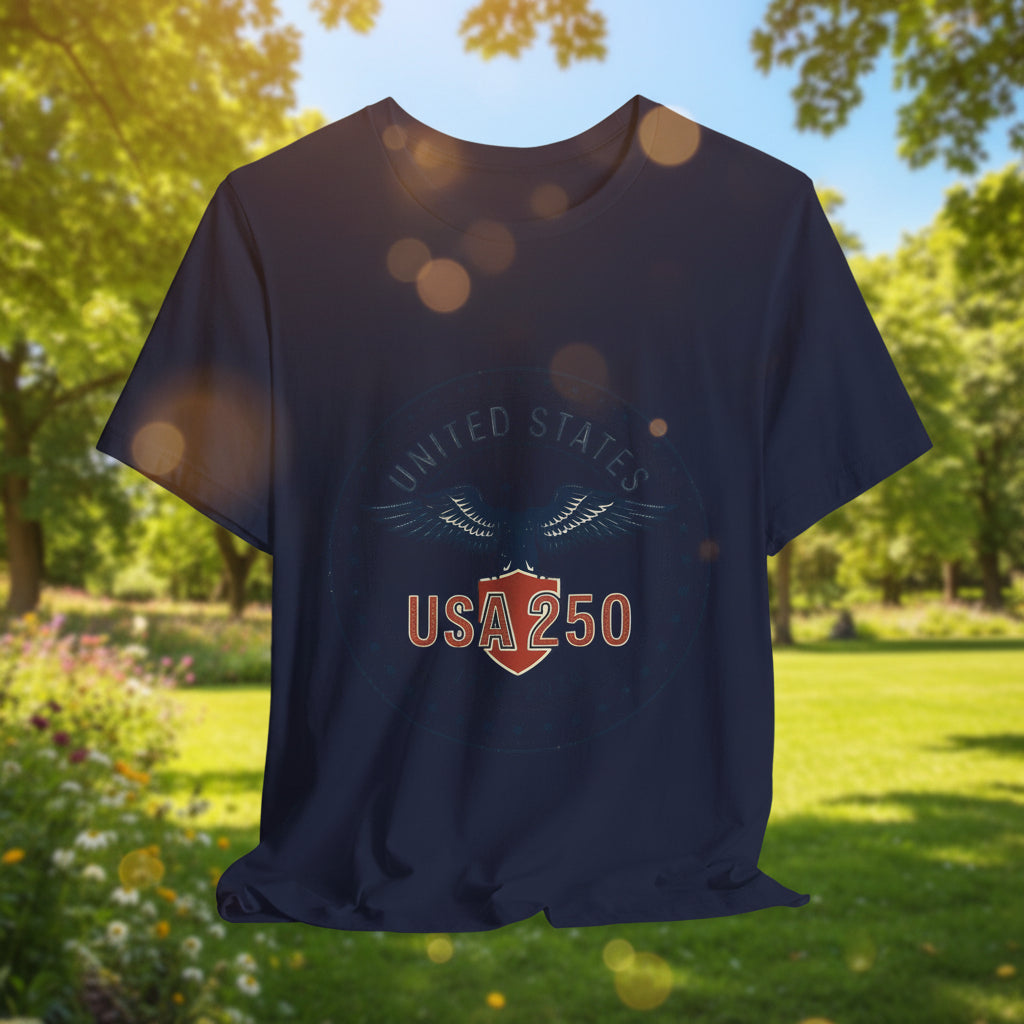 USA 250 Eagle Emblem T-Shirt, Navy blue t-shirt with a graphic design on a light gray background
