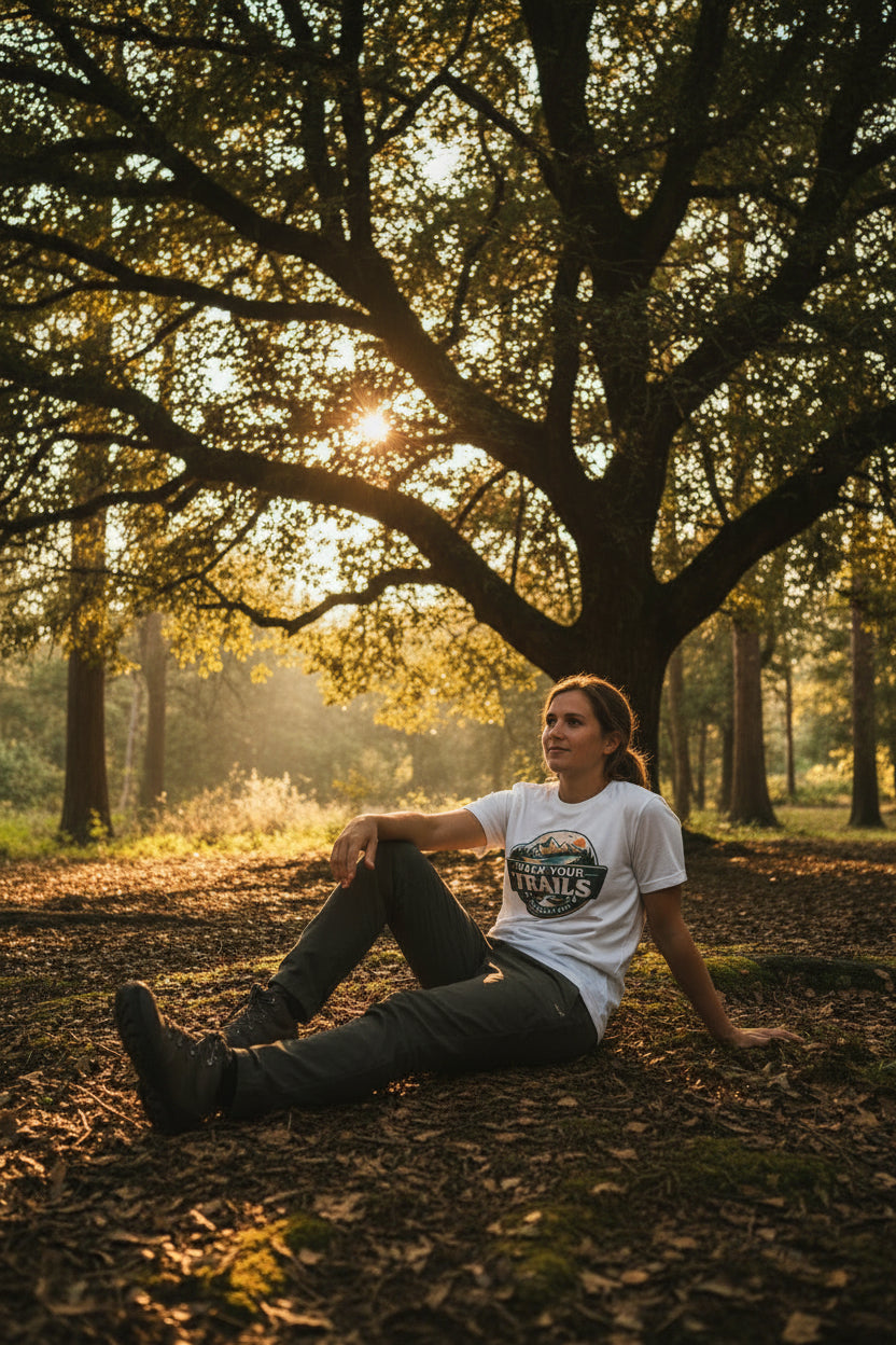 Unisex Garment Dyed T-Shirt, White t-shirt with nature-themed graphic and text on a white background