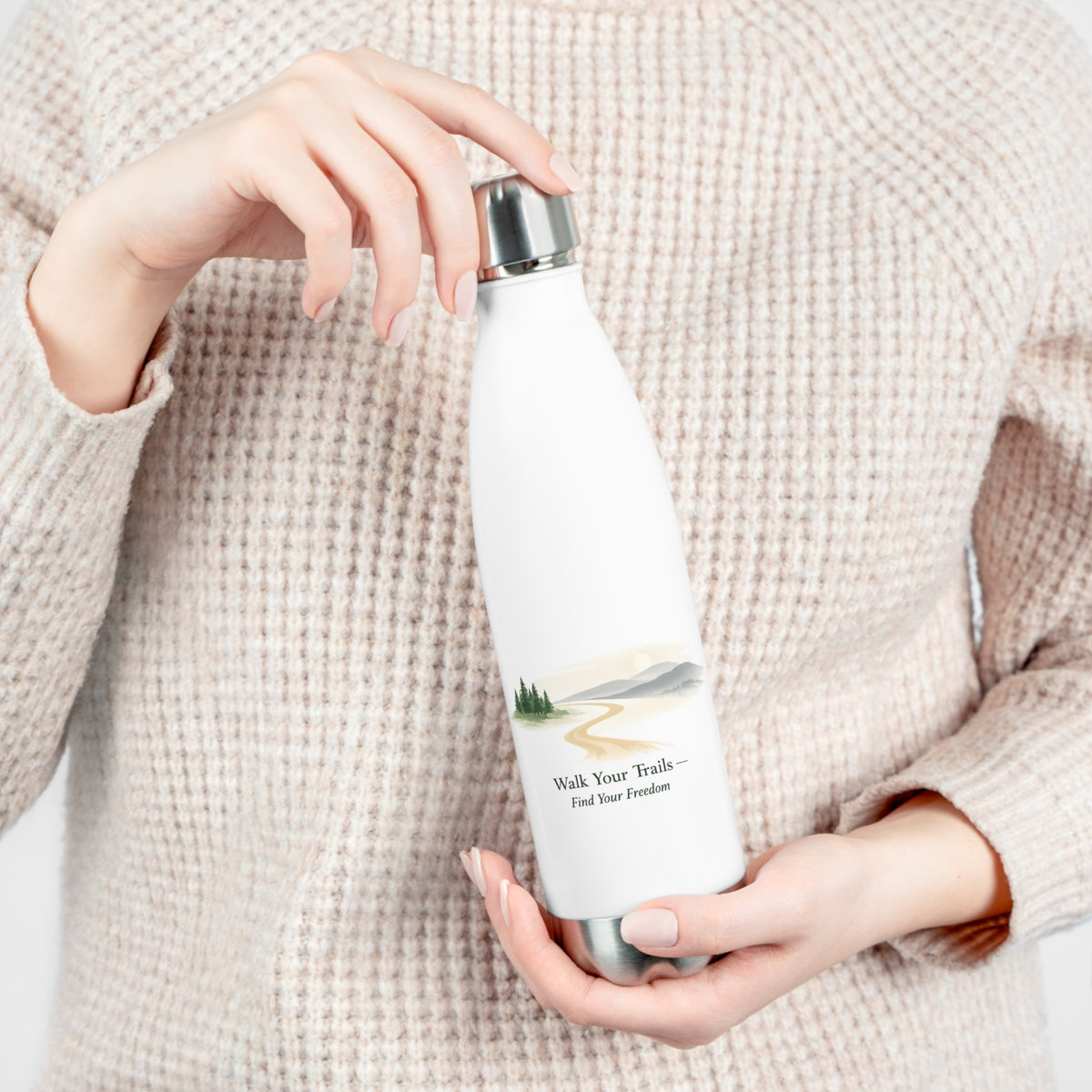 20oz Insulated Water Bottle, Person holding a white insulated bottle with &