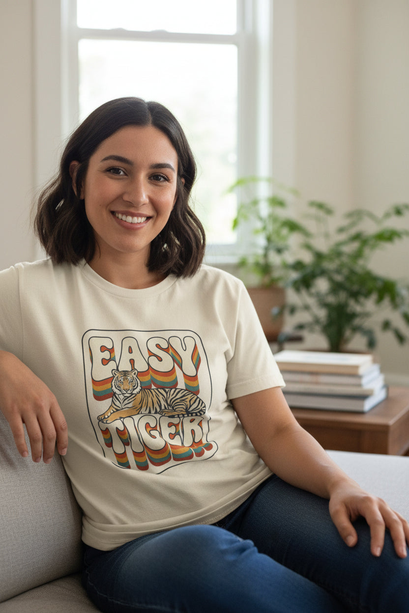 Easy Tiger Retro Tiger Graphic Tee, Beige t-shirt with &