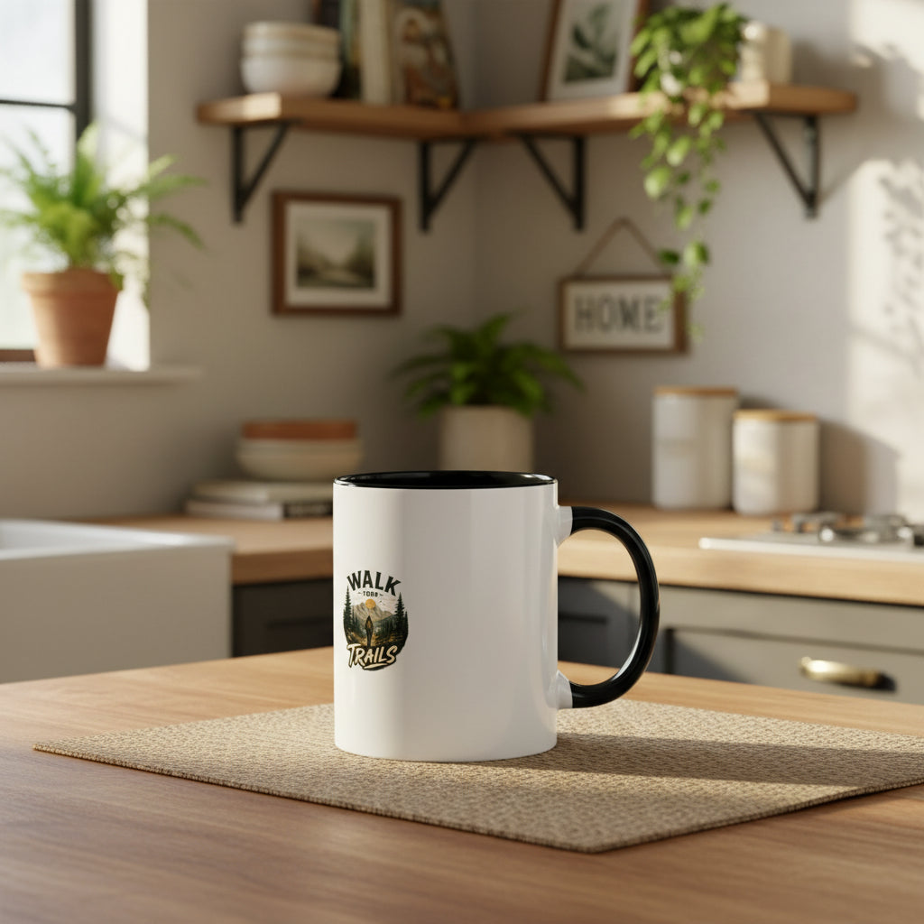 Walk Your Trails Coffee Mug White mug with blue interior and text on a white background
