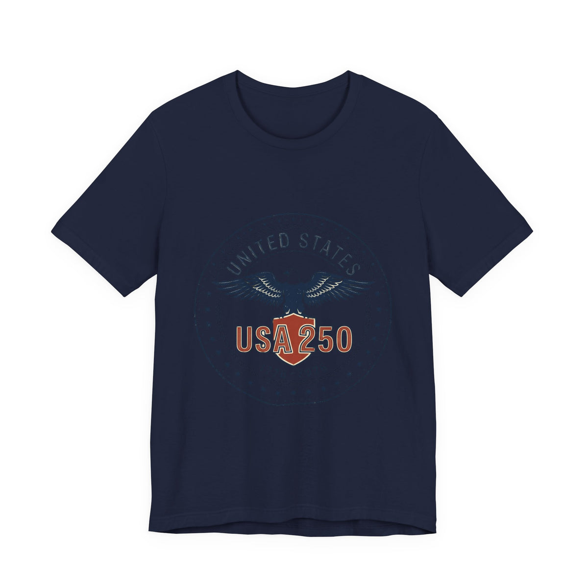 USA 250 Eagle Emblem T-Shirt, Black t-shirt with a graphic design and text on a white background