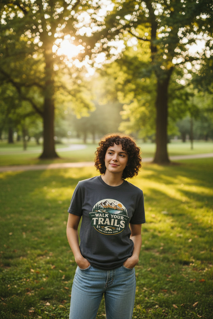 Unisex Garment Dyed T-Shirt, “Walk Your Trails graphic T‑shirt worn outdoors in sunlit forest setting.”