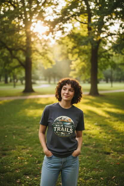 Unisex Garment Dyed T-Shirt, “Walk Your Trails graphic T‑shirt worn outdoors in sunlit forest setting.”