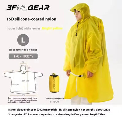 A person wearing a bright yellow 15D silicone-coated nylon hooded raincoat with sleeves, shown on a light gray background with product text, a size diagram, a storage bag, and brand name 3FULGEAR.