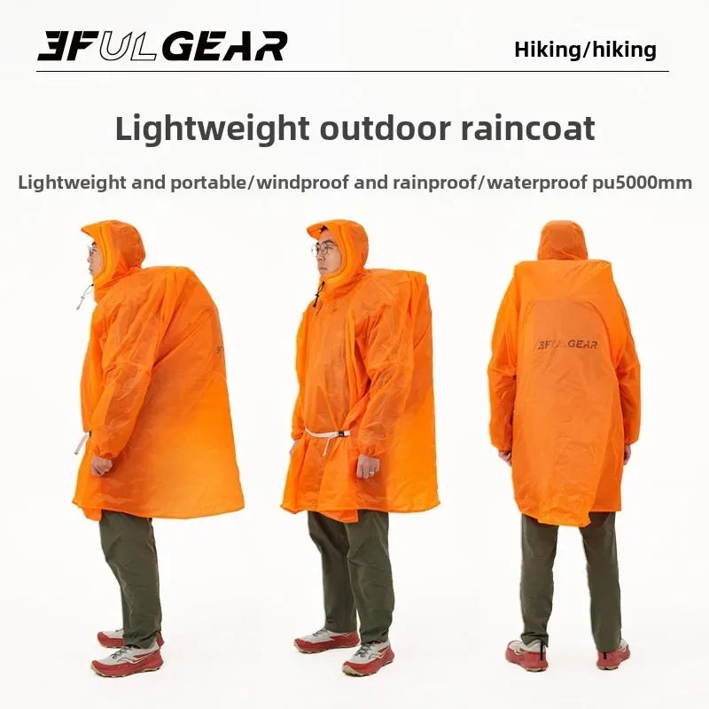 Three views of a person wearing a bright orange lightweight outdoor raincoat against a white background, with text reading '3FULGEAR' and 'Hiking/hiking' and product description above.