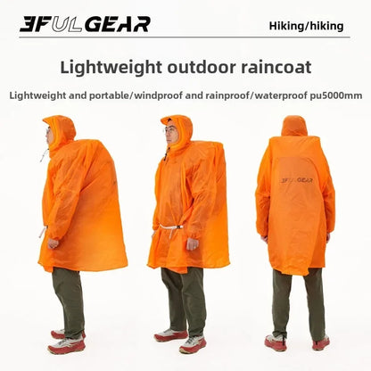 Three views of a person wearing a bright orange lightweight outdoor raincoat against a white background, with text reading '3FULGEAR' and 'Hiking/hiking' and product description above.