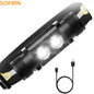 Headlamp with two LED lights and USB cable on a white background, featuring the brand 'SOFIRN'.