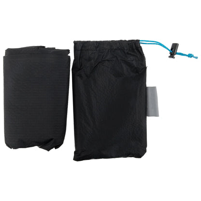 Black travel blanket with blue drawstring on a white background