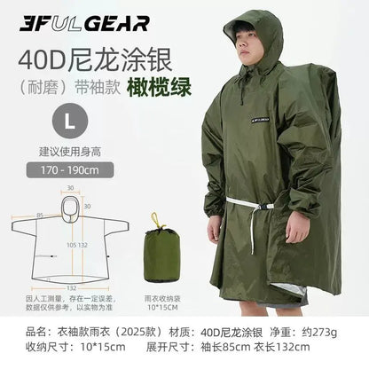 An olive green hooded raincoat with a drawstring waist worn by a model, shown alongside product specifications, sizing measurements, and a storage pouch on a light gray background. The brand name '3FULGEAR' is visible at the top.
