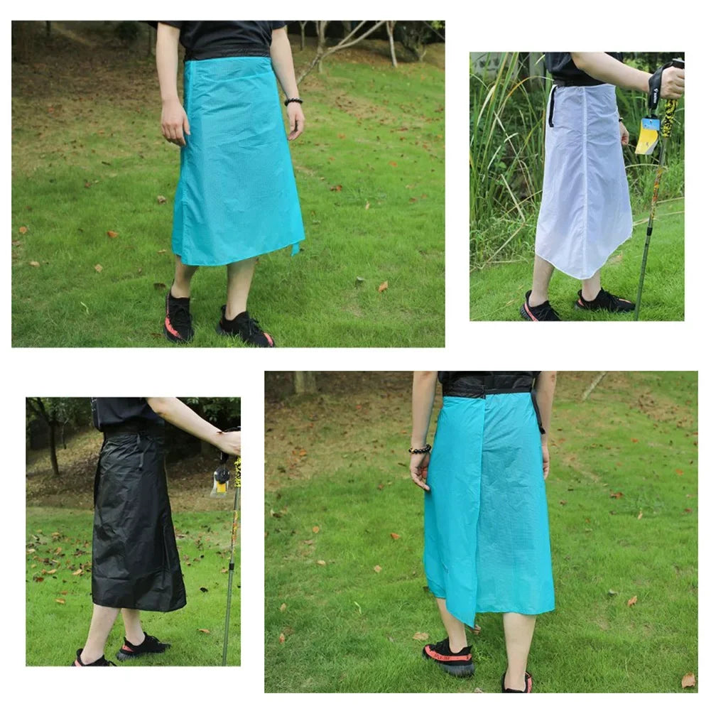 Person wearing a turquoise skirt in various outdoor settings.