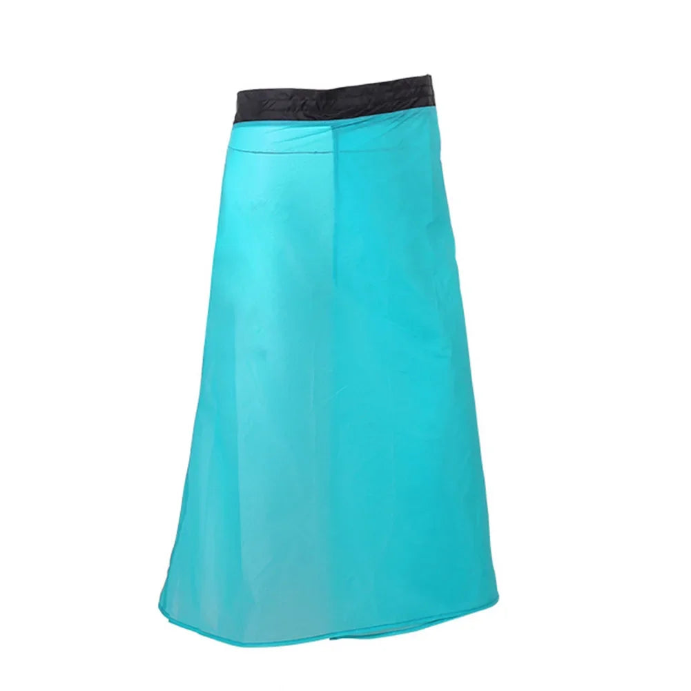 A turquoise blue A-line skirt with a black waistband, shown against a plain white background.