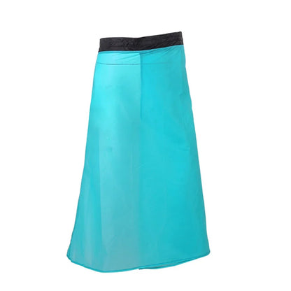 A turquoise blue A-line skirt with a black waistband, shown against a plain white background.