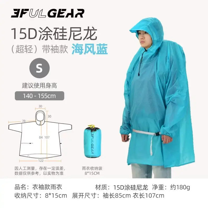 A person wearing a bright blue hooded raincoat on a light gray background, with Chinese text, size information, a garment measurement diagram, and a small packed rainbag. The product being sold is the raincoat, but the image functions partly as an informational listing graphic rather than a pure studio product shot.