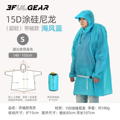 A person wearing a bright blue hooded raincoat on a light gray background, with Chinese text, size information, a garment measurement diagram, and a small packed rainbag. The product being sold is the raincoat, but the image functions partly as an informational listing graphic rather than a pure studio product shot.