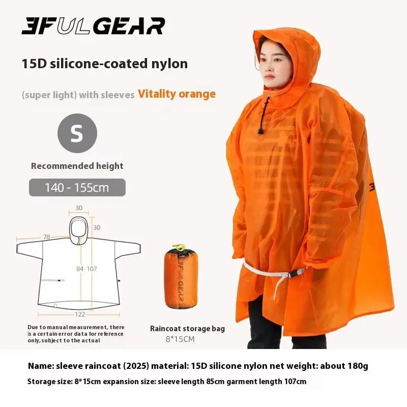 An orange hooded sleeve raincoat shown on a model, with product text, a size measurement diagram, a raincoat storage bag, and specifications on a light background. The brand name 3FULGEAR is visible at the top.