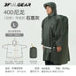 A man wearing a dark gray hooded raincoat with a drawstring, shown on a light gray background with product text, dimensions, and a small storage pouch. The brand 3FULGEAR is visible at the top.