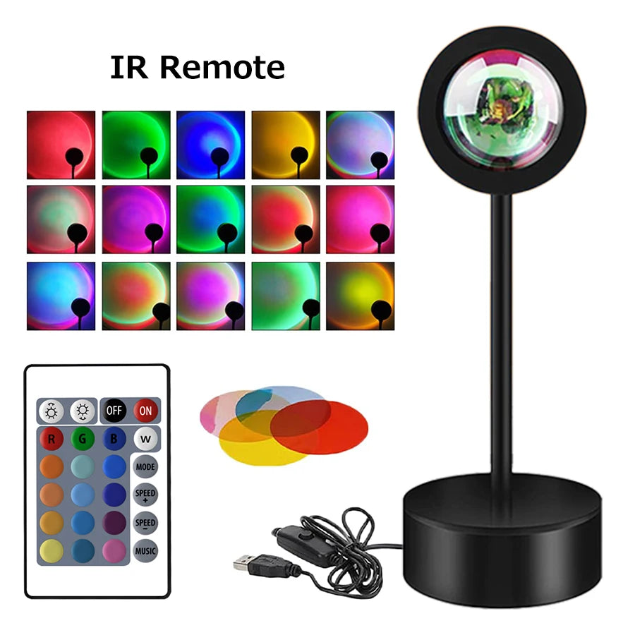 Colorful light show device with remote control and USB cable on a white background