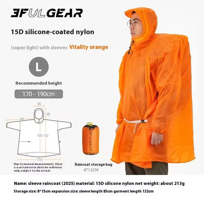 Orange raincoat with sleeves on a white background, featuring Ful Gear branding and product details.