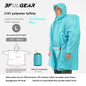 Person wearing a blue raincoat with product details on a white background