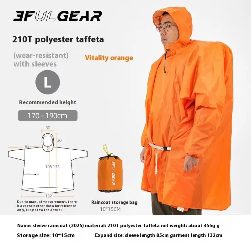 An orange hooded raincoat with sleeves from 3FUL GEAR, shown on a model against a white background, alongside a size measurement diagram, a raincoat storage bag, and product specifications.