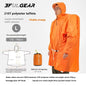 An orange hooded raincoat with sleeves from 3FUL GEAR, shown on a model against a white background, alongside a size measurement diagram, a raincoat storage bag, and product specifications.