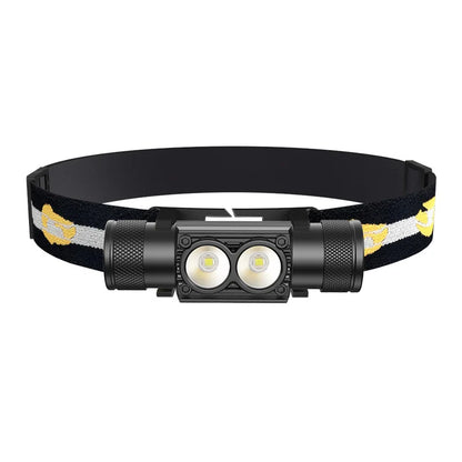 Black headlamp with two LED lights on a white background