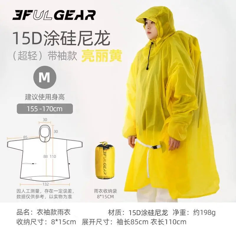 A person wearing a bright yellow hooded raincoat stands against a light gray studio background, with Chinese text and a small raincoat measurement diagram on the left. The product appears to be a lightweight sleeveless raincoat in a glossy yellow finish.